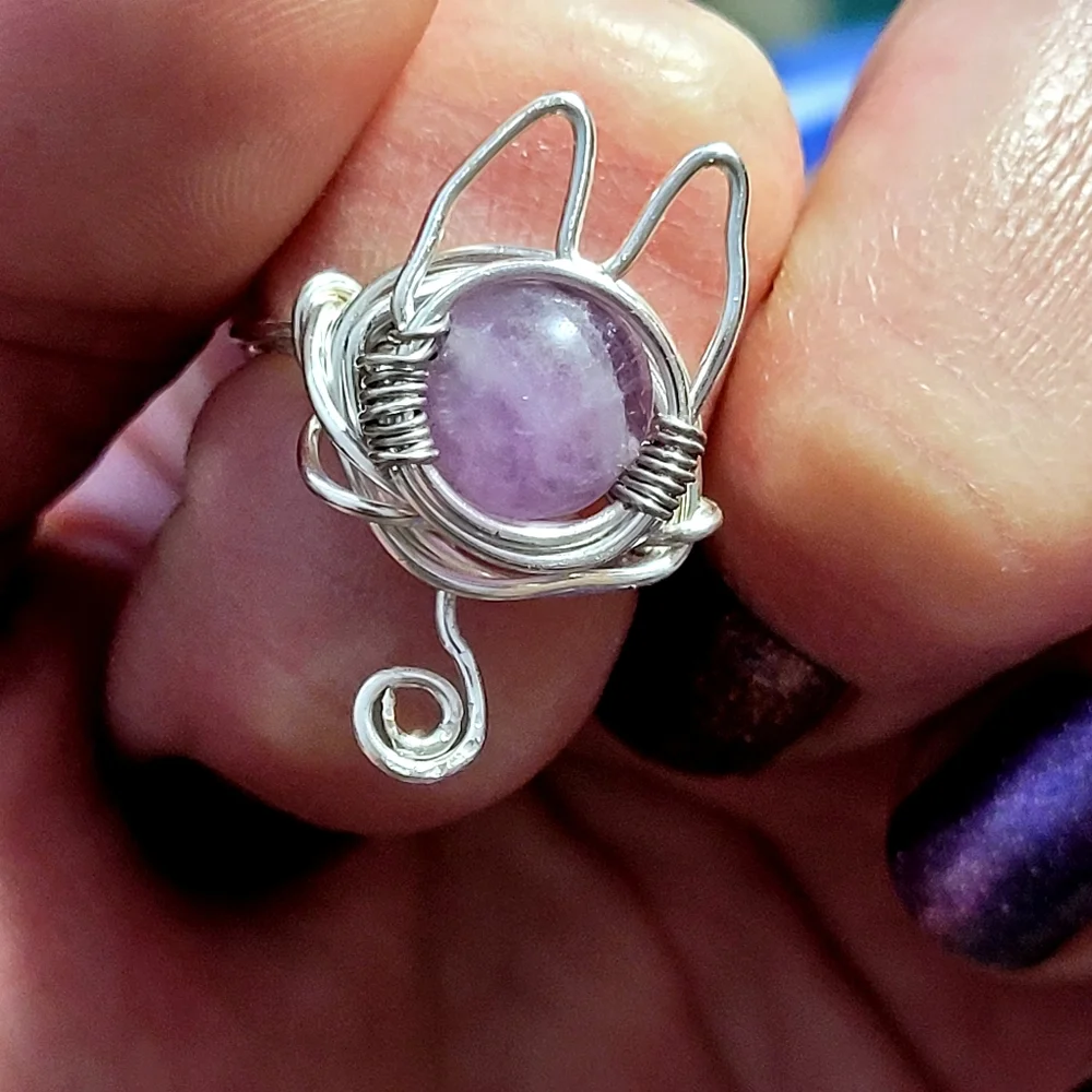 Wire Wrapped Amethyst Kitty Cat Ring